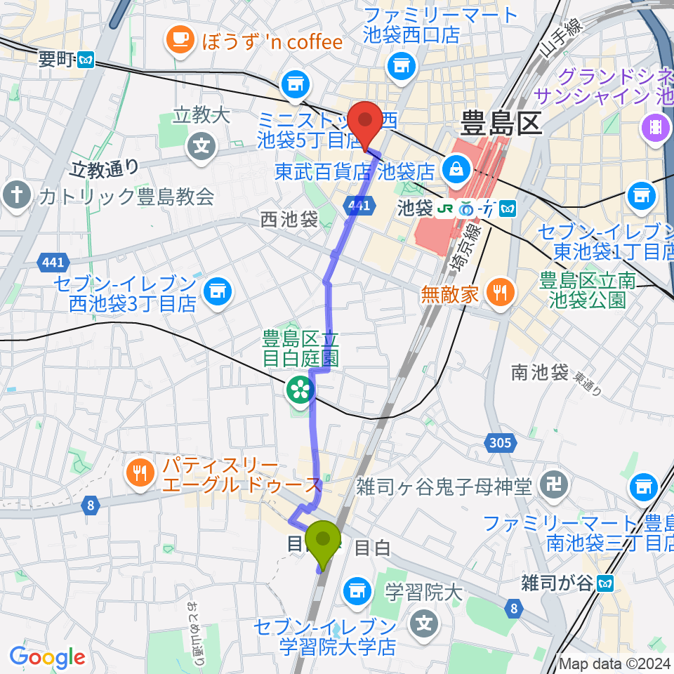 目白駅から島村楽器ミュージックサロン池袋へのルートマップ地図