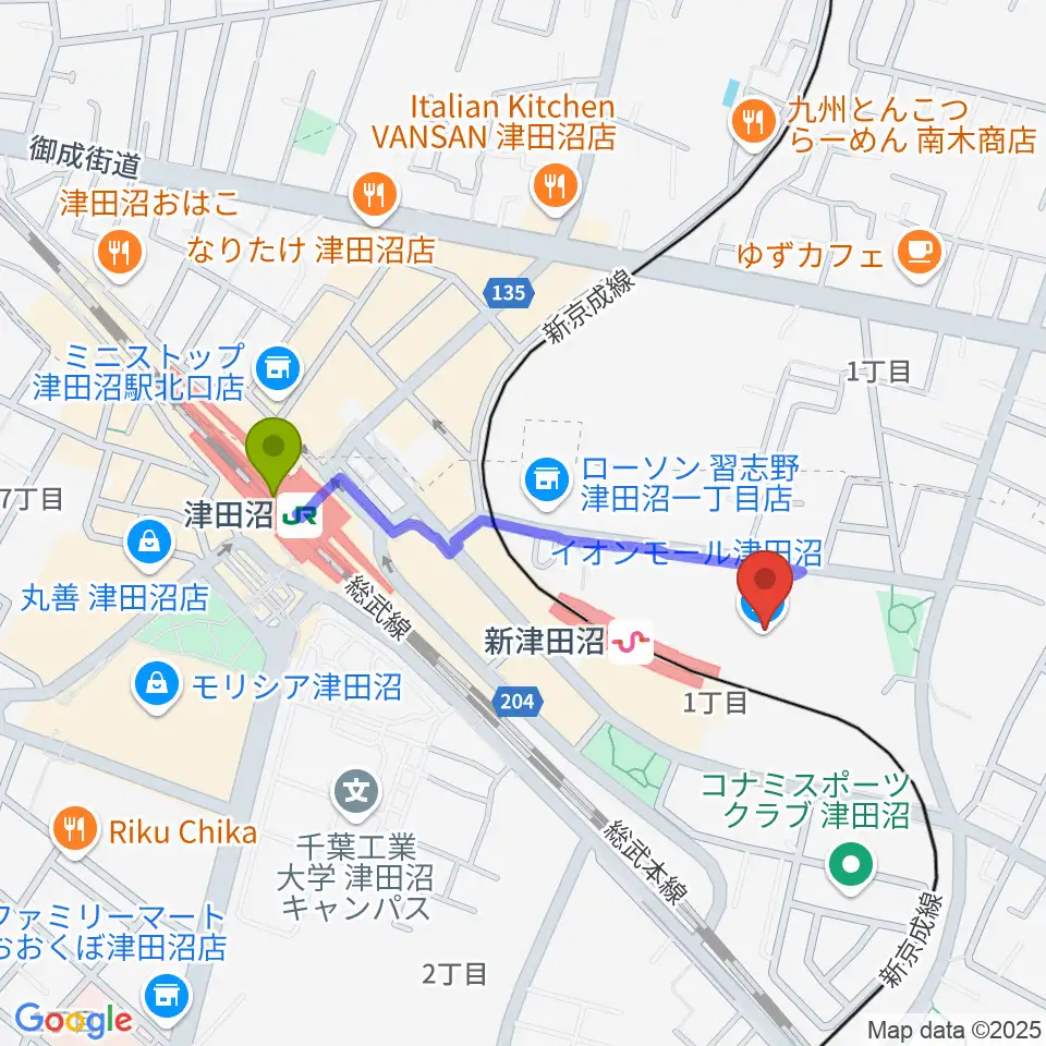 津田沼駅から伊藤楽器 津田沼センターへのルートマップ地図