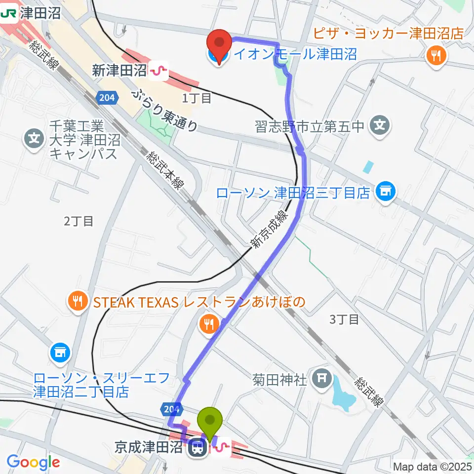 京成津田沼駅から伊藤楽器 津田沼センターへのルートマップ地図