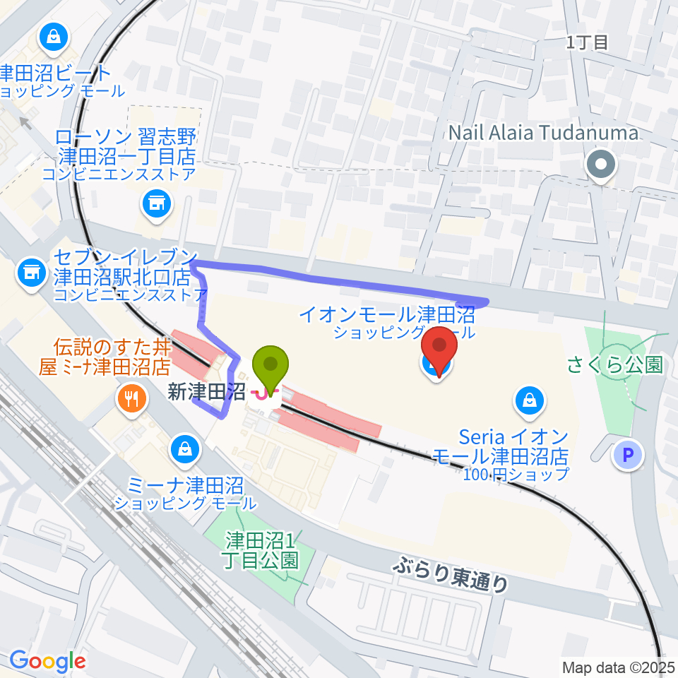 伊藤楽器 津田沼センターの最寄駅新津田沼駅からの徒歩ルート（約2分）地図