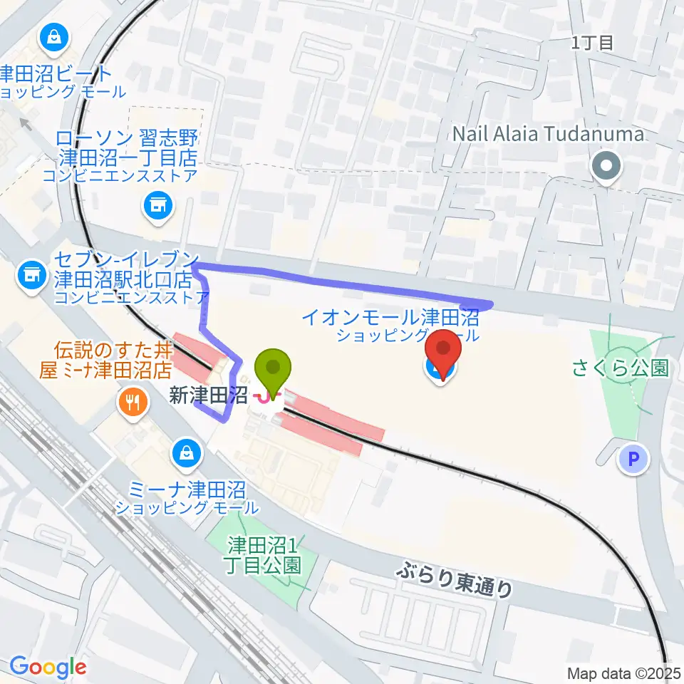 伊藤楽器 津田沼センターの最寄駅新津田沼駅からの徒歩ルート（約2分）地図