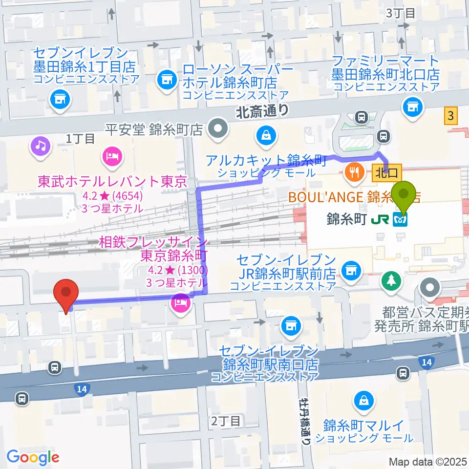 キングトーン音楽教室の最寄駅錦糸町駅からの徒歩ルート（約6分）地図