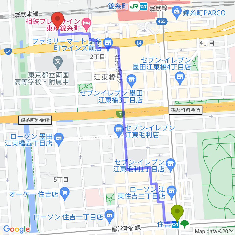 住吉駅からキングトーン音楽教室へのルートマップ地図