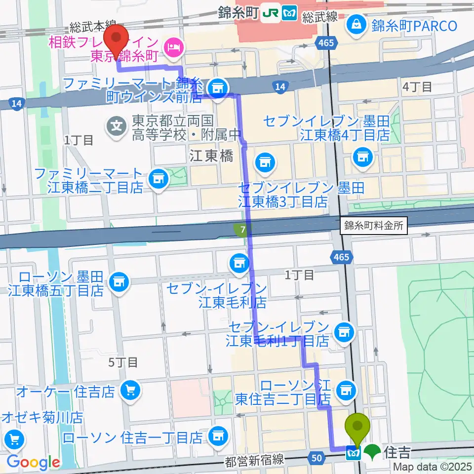 住吉駅からキングトーン音楽教室へのルートマップ地図