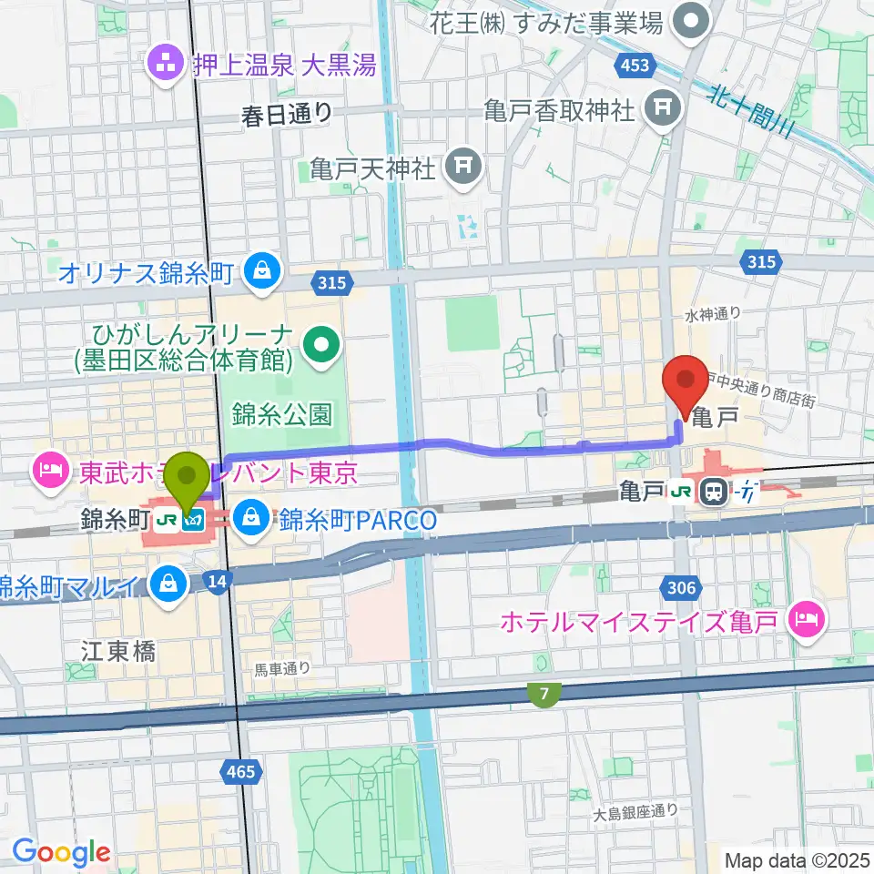錦糸町駅から島村楽器 ミュージックサロン亀戸へのルートマップ地図