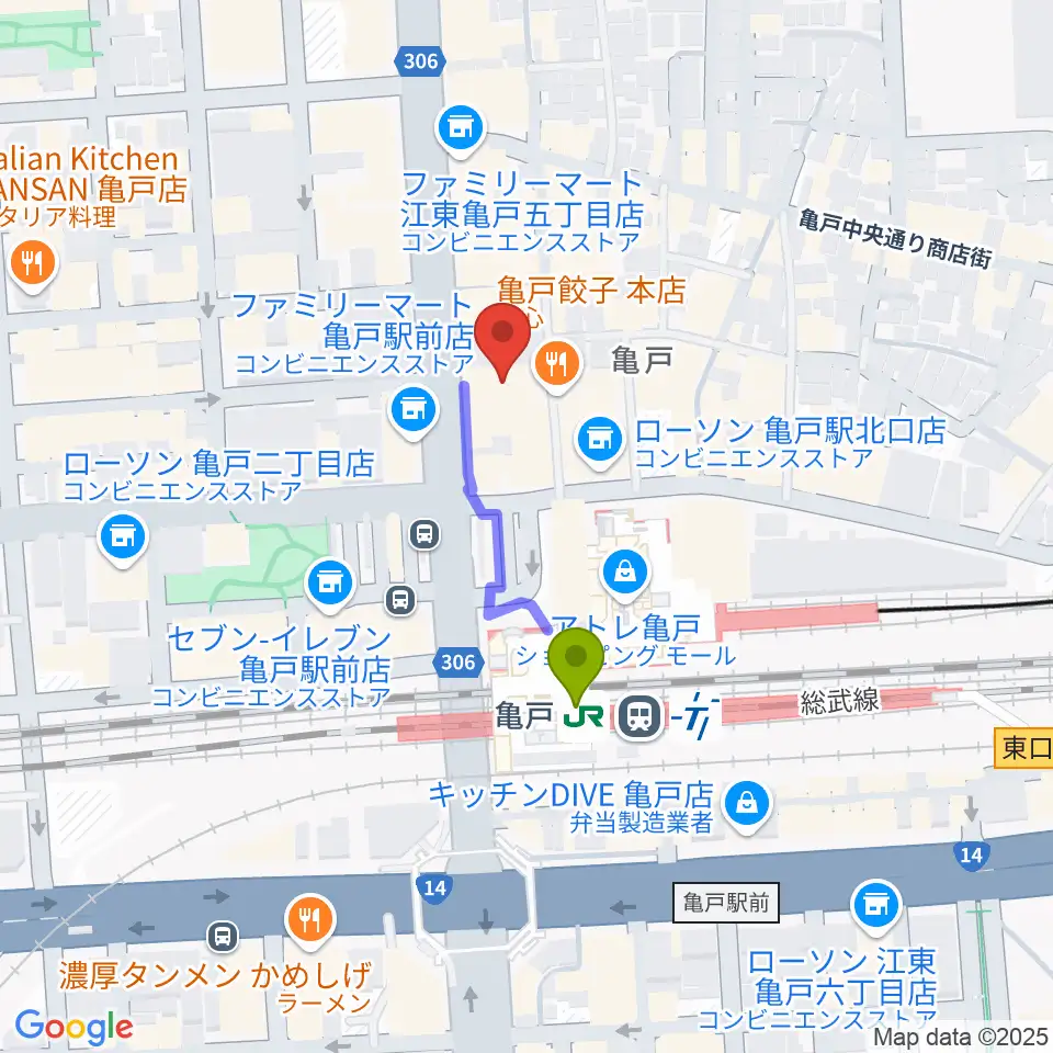 島村楽器 ミュージックサロン亀戸の最寄駅亀戸駅からの徒歩ルート（約2分）地図