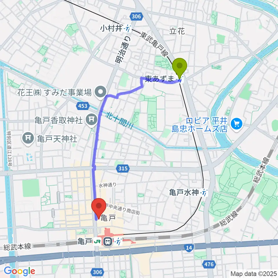 東あずま駅から島村楽器 ミュージックサロン亀戸へのルートマップ地図