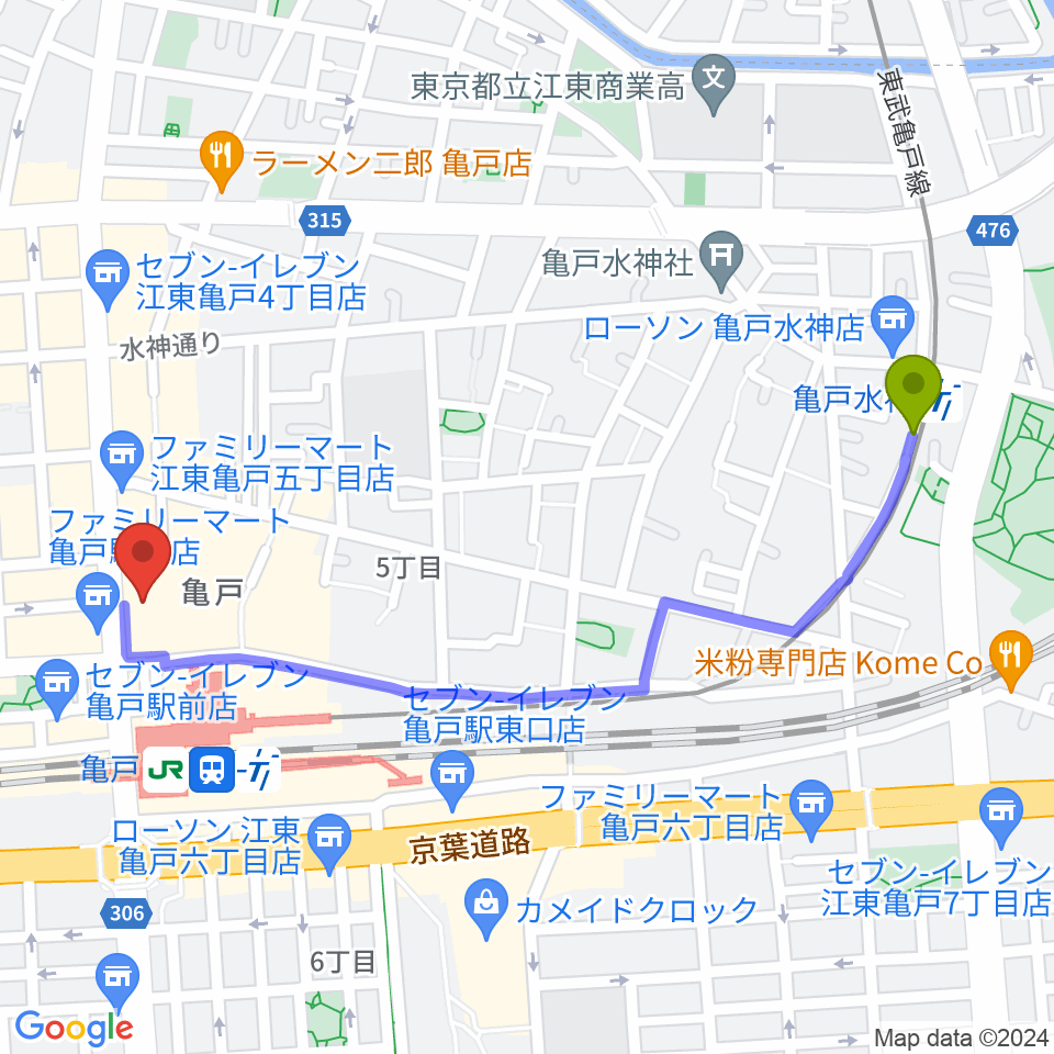 亀戸水神駅から島村楽器 ミュージックサロン亀戸へのルートマップ地図