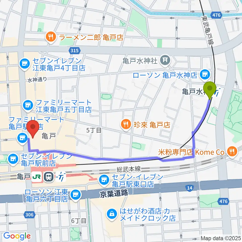 亀戸水神駅から島村楽器 ミュージックサロン亀戸へのルートマップ地図