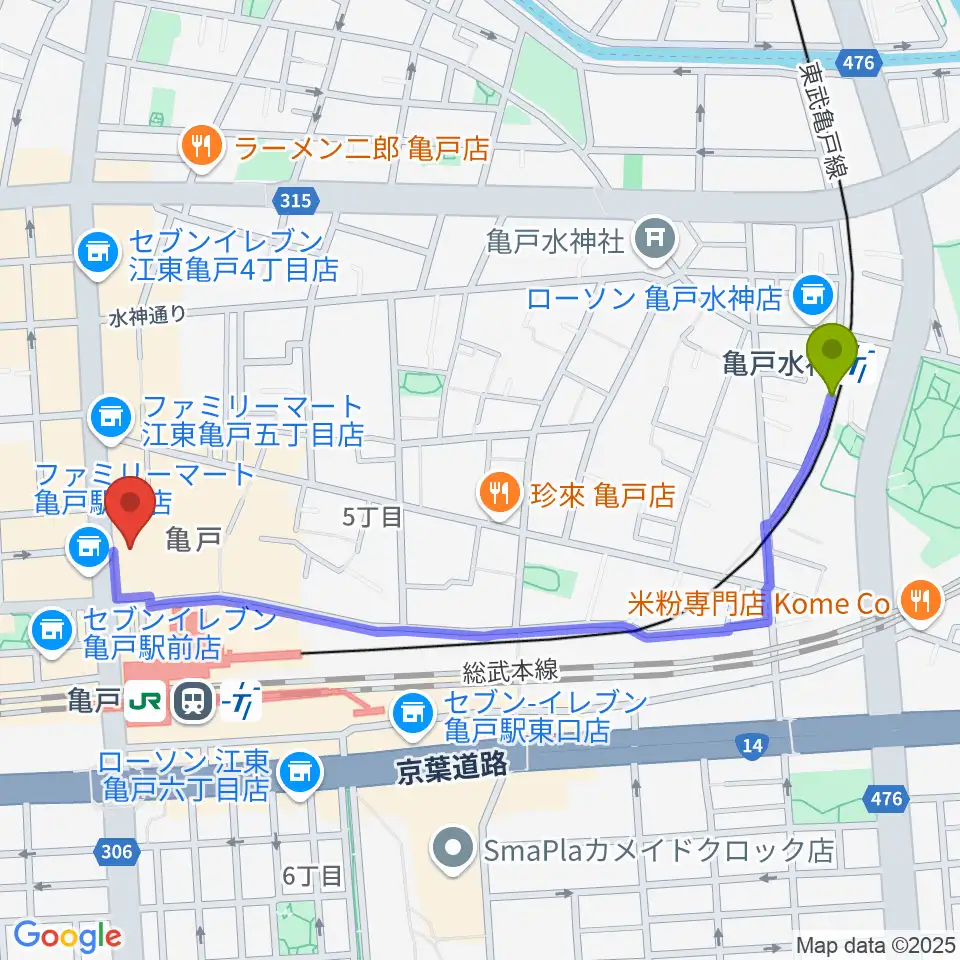 亀戸水神駅から島村楽器 ミュージックサロン亀戸へのルートマップ地図
