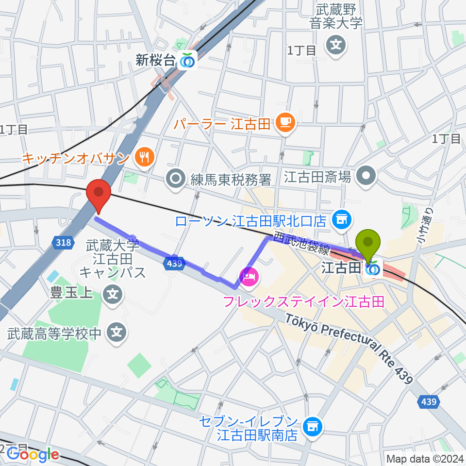 江古田駅から江古田ストリングスへのルートマップ地図