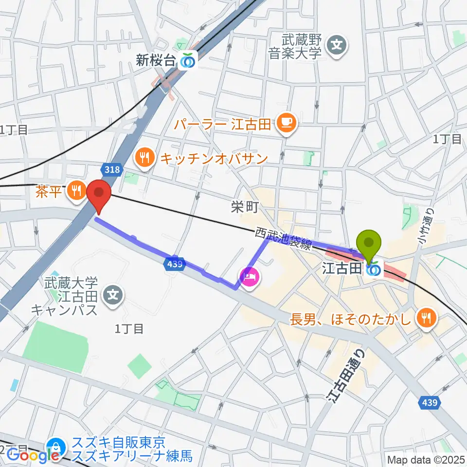 江古田駅から江古田ストリングスへのルートマップ地図
