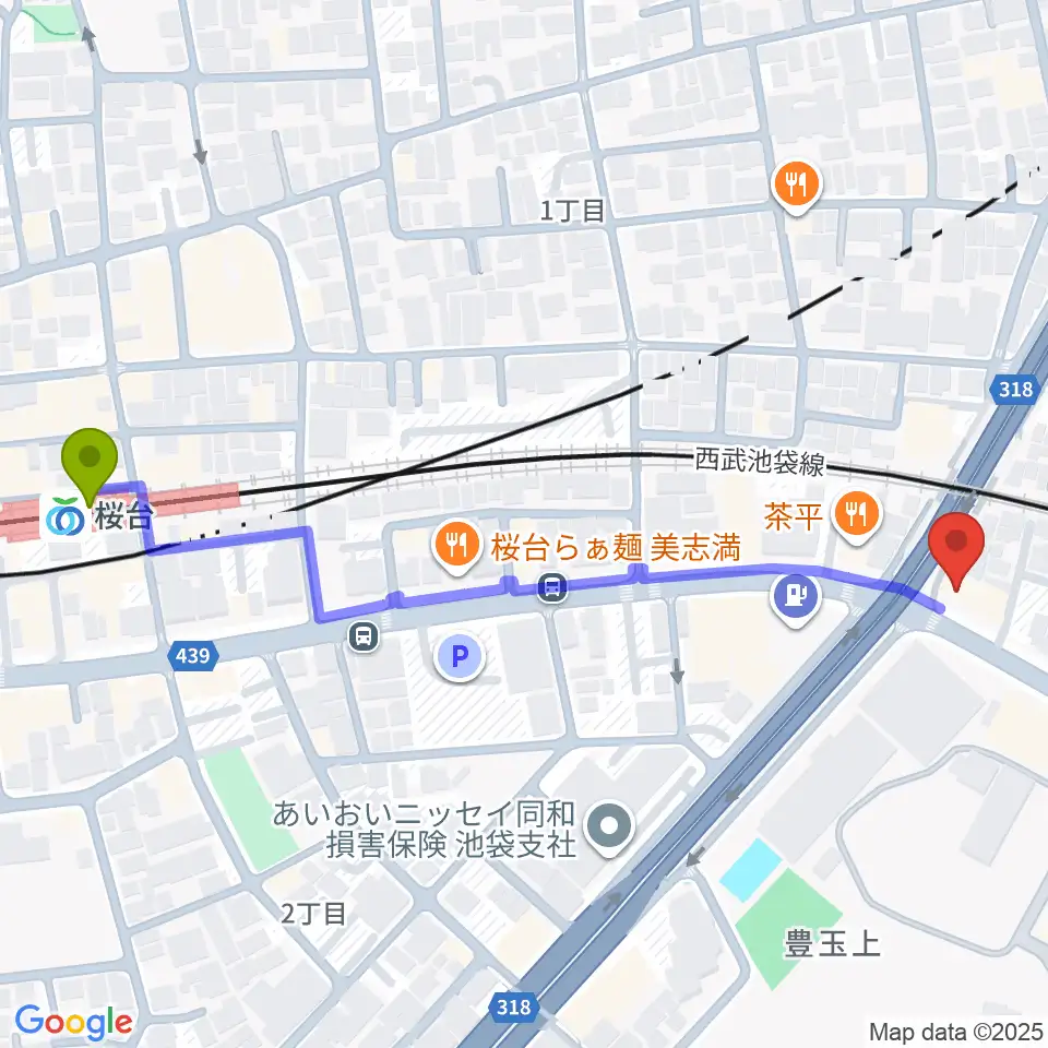 桜台駅から江古田ストリングスへのルートマップ地図