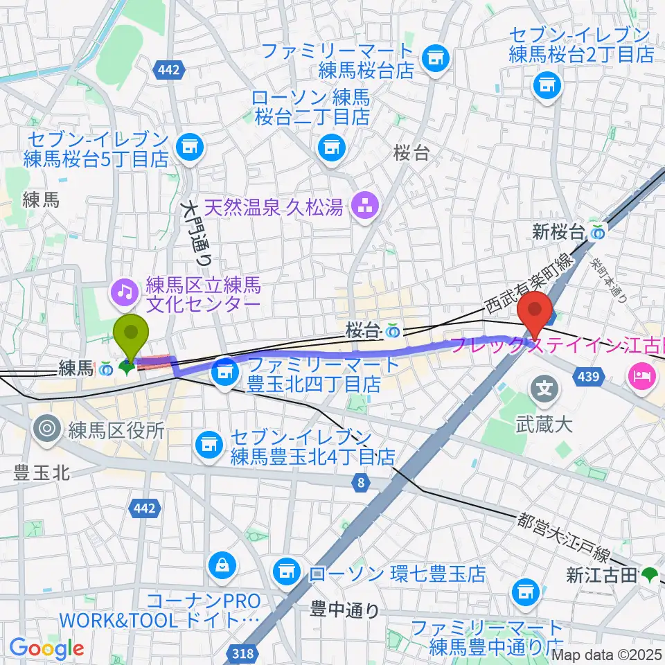 練馬駅から江古田ストリングスへのルートマップ地図