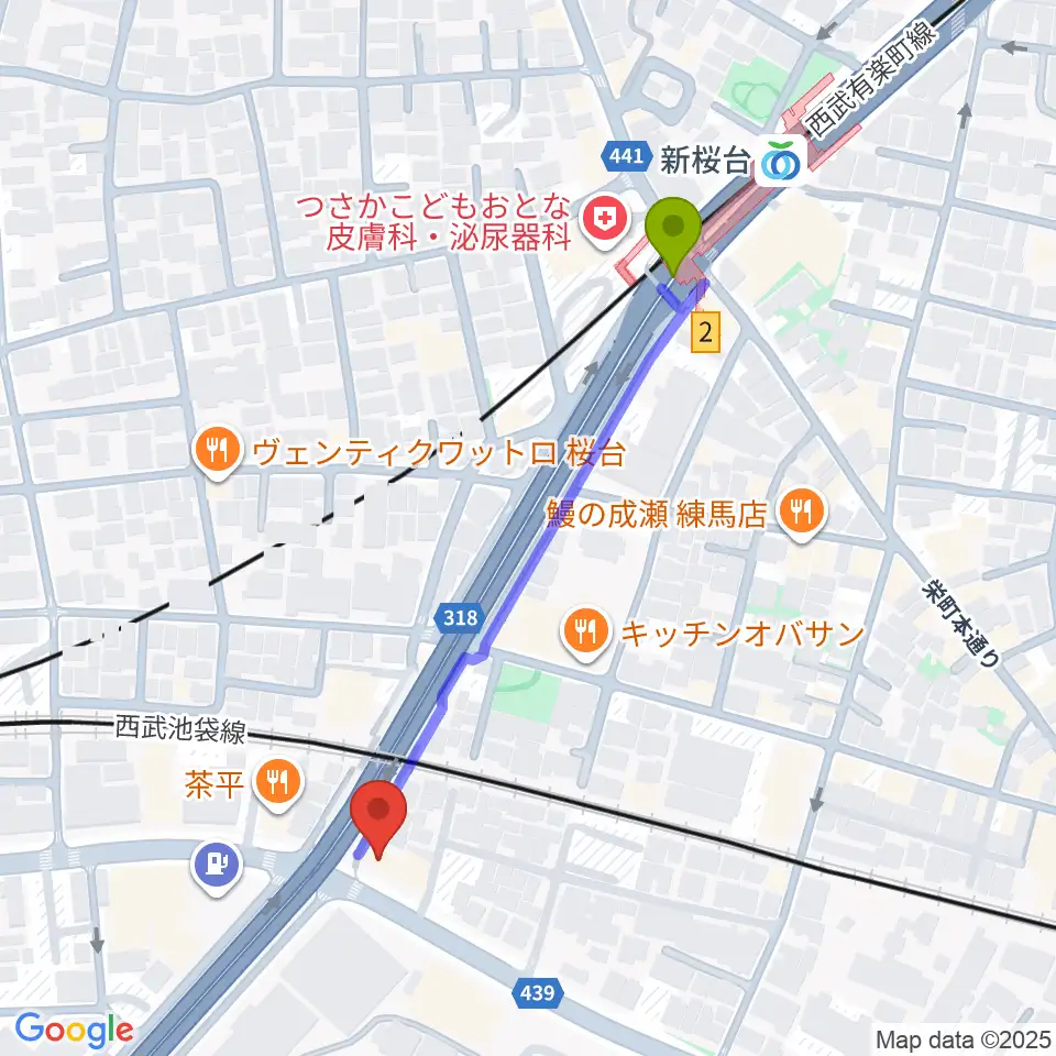 江古田ストリングスの最寄駅新桜台駅からの徒歩ルート（約5分）地図