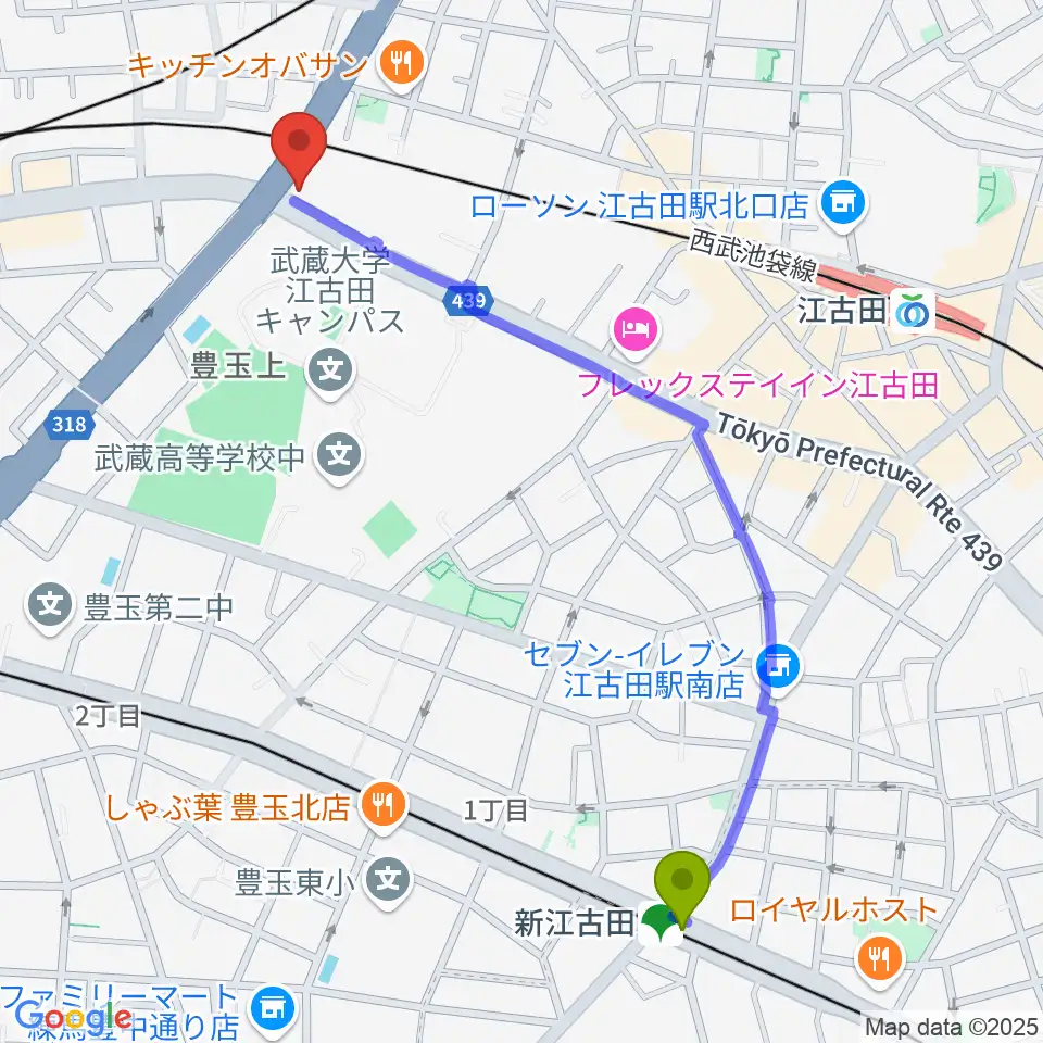 新江古田駅から江古田ストリングスへのルートマップ地図