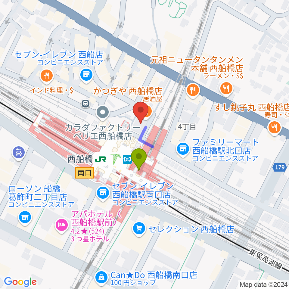 イトウミュージックサロン西船橋の最寄駅西船橋駅からの徒歩ルート（約1分）地図