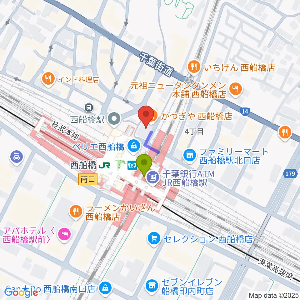 イトウミュージックサロン西船橋の最寄駅西船橋駅からの徒歩ルート（約1分）地図