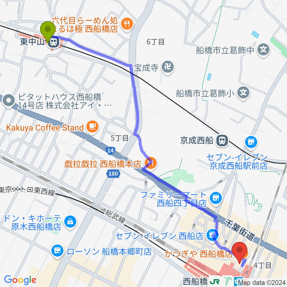 東中山駅からイトウミュージックサロン西船橋へのルートマップ地図