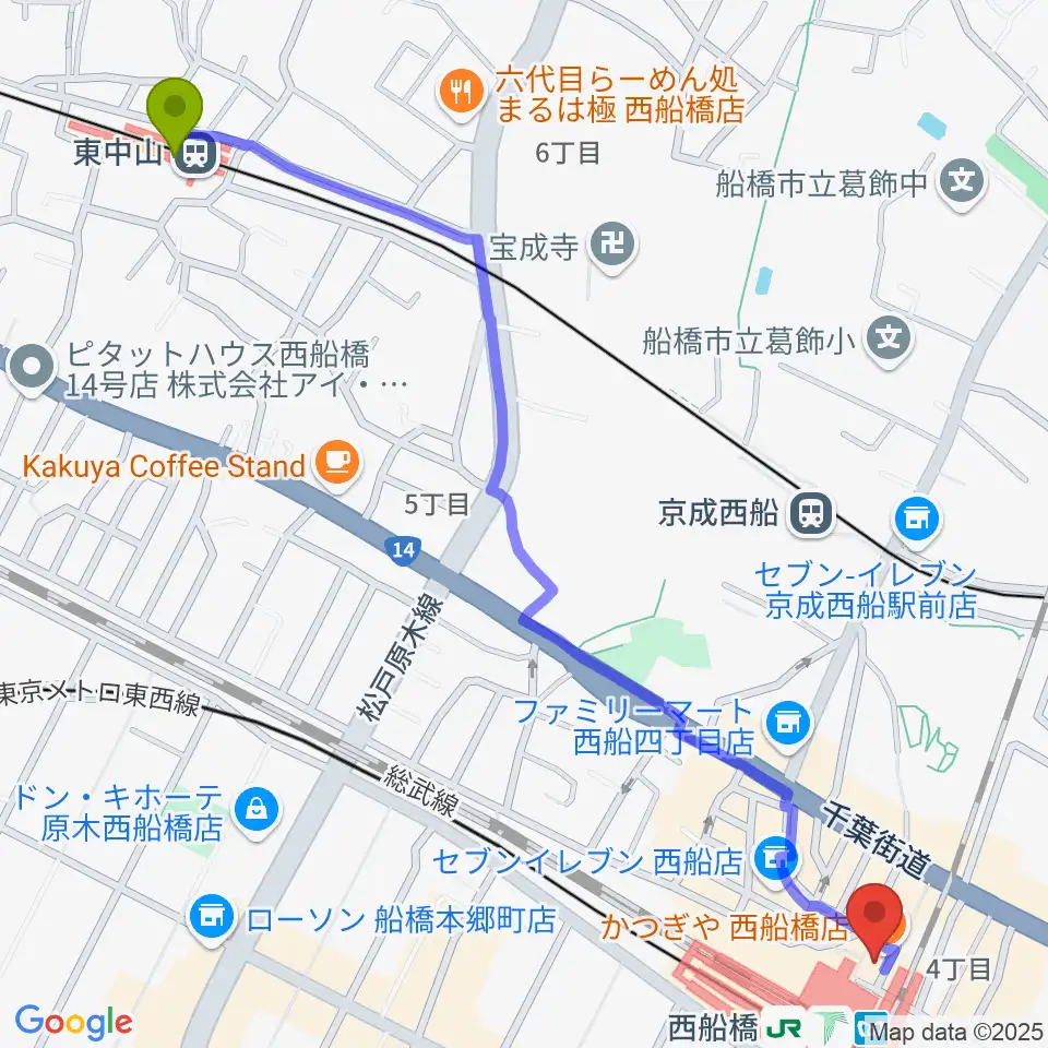 東中山駅からイトウミュージックサロン西船橋へのルートマップ地図