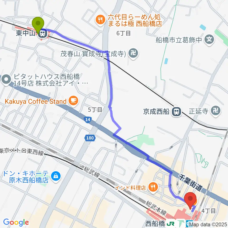 東中山駅からイトウミュージックサロン西船橋へのルートマップ地図