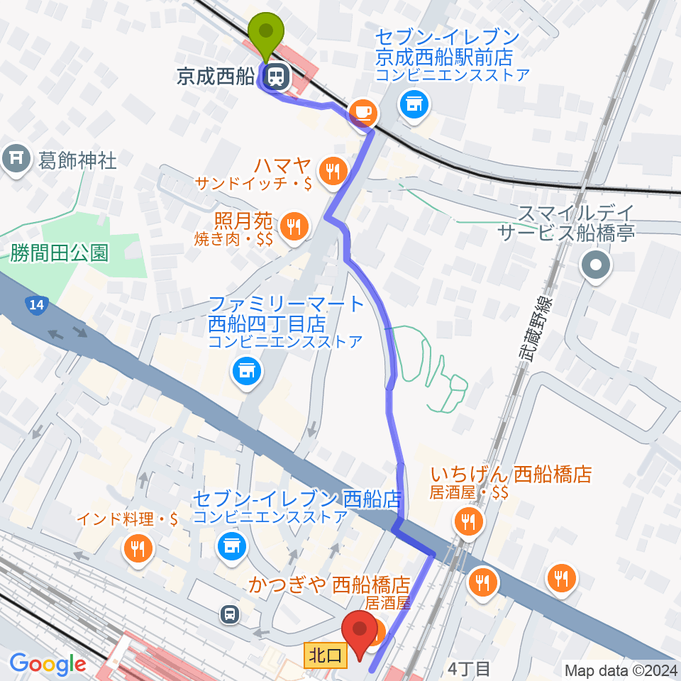 京成西船駅からイトウミュージックサロン西船橋へのルートマップ地図