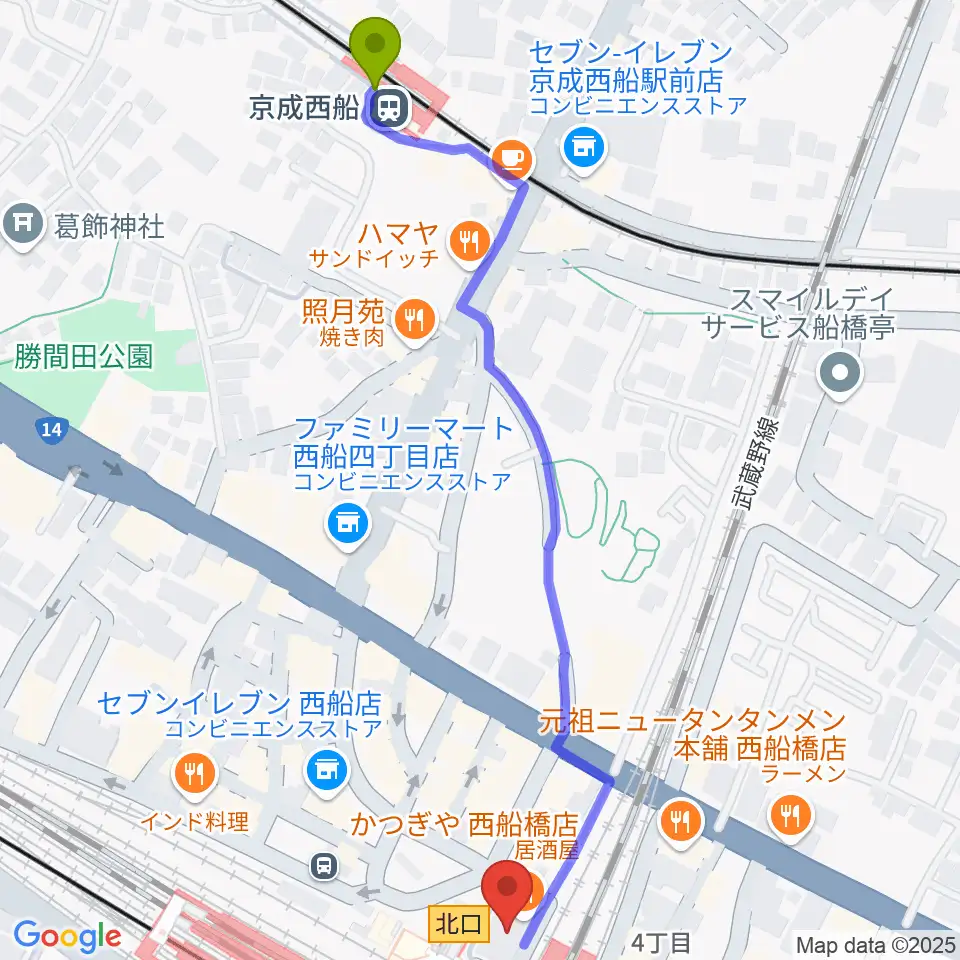 京成西船駅からイトウミュージックサロン西船橋へのルートマップ地図