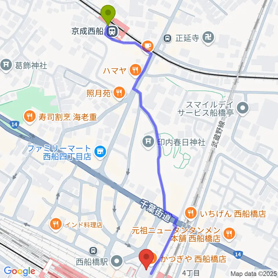 京成西船駅からイトウミュージックサロン西船橋へのルートマップ地図