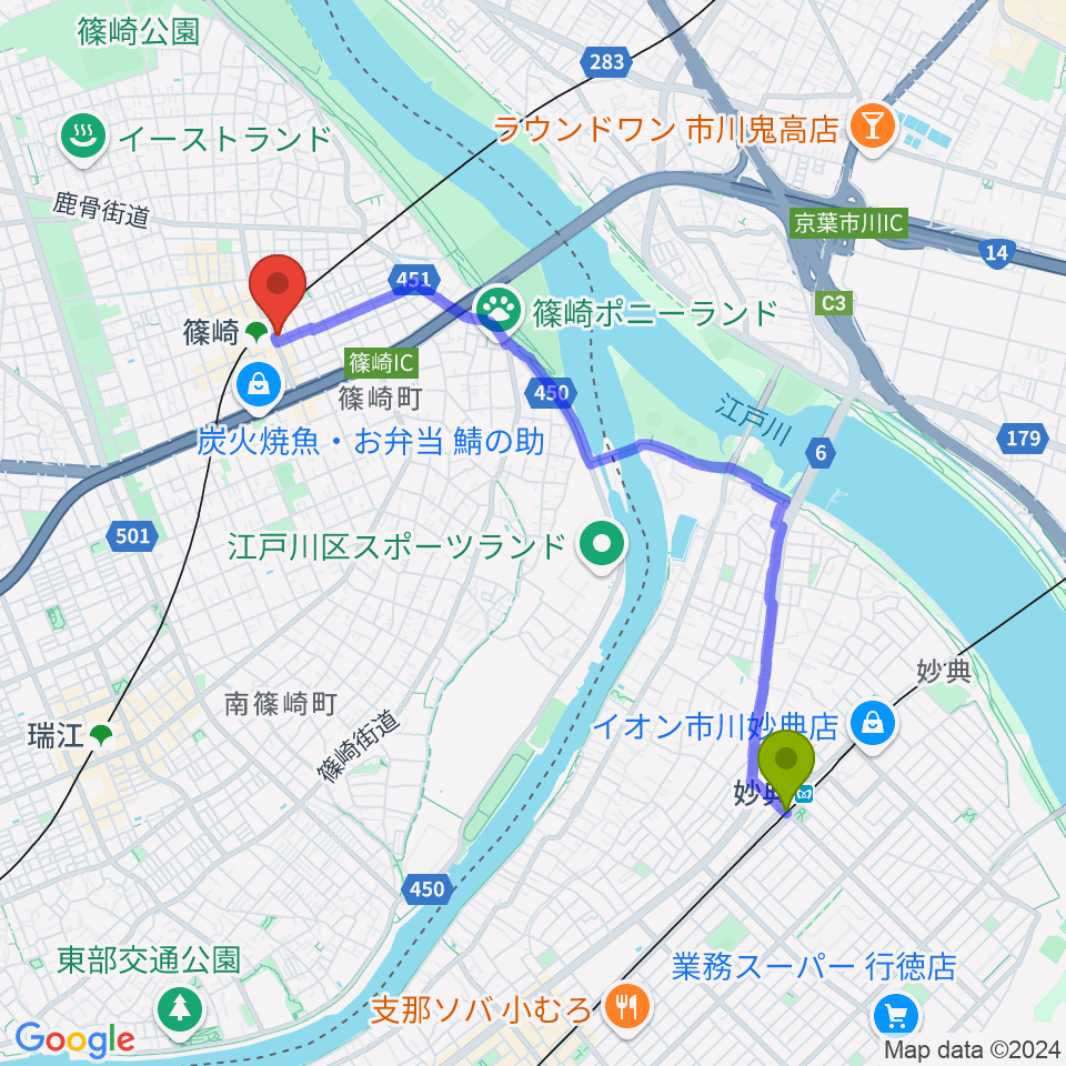 妙典駅から島村楽器ミュージックサロン篠崎へのルートマップ地図