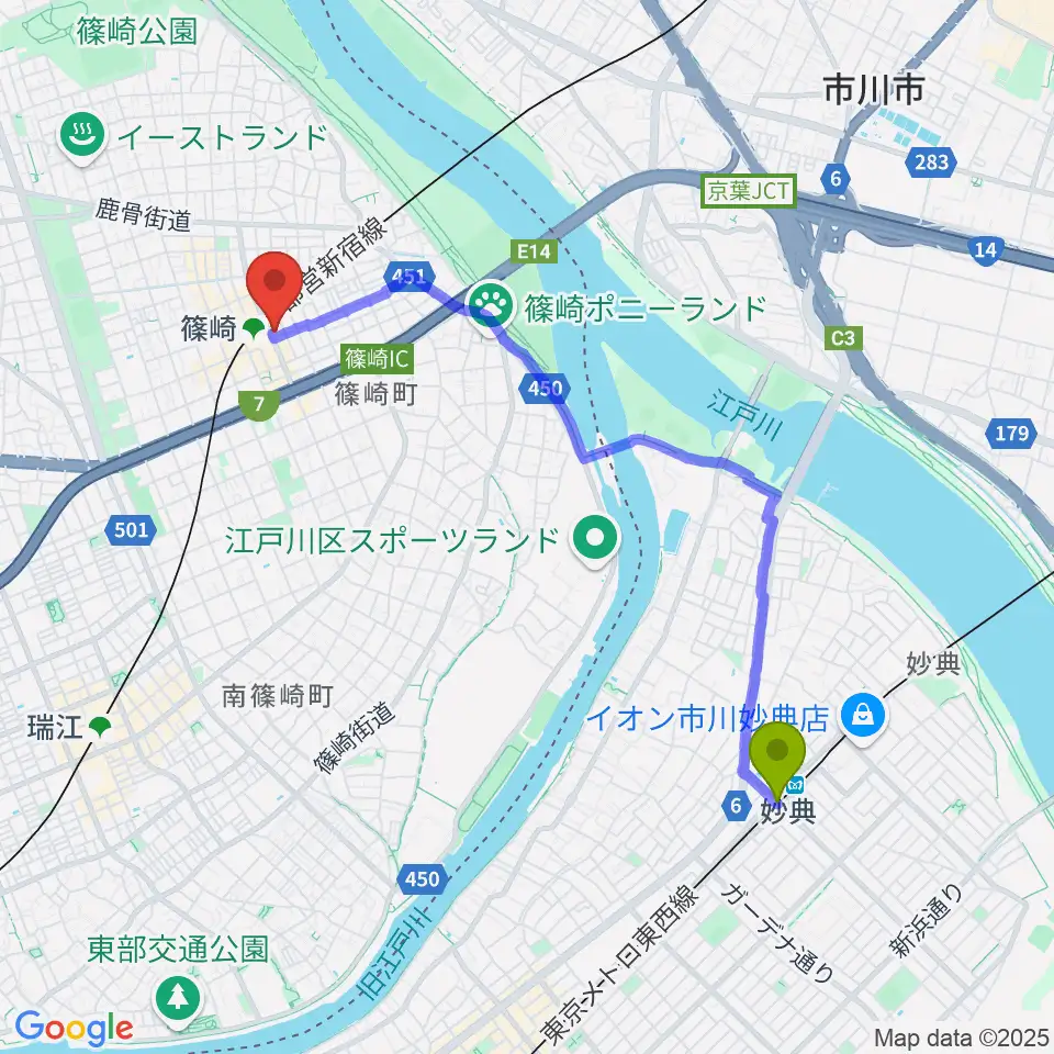 妙典駅から島村楽器ミュージックサロン篠崎へのルートマップ地図