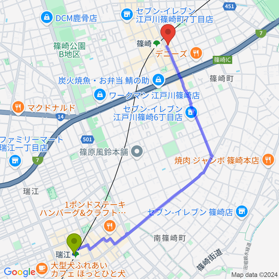 瑞江駅から島村楽器ミュージックサロン篠崎へのルートマップ地図