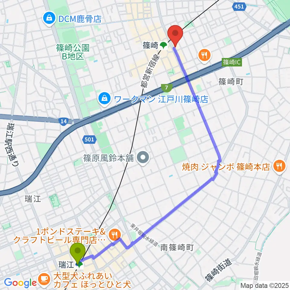 瑞江駅から島村楽器ミュージックサロン篠崎へのルートマップ地図