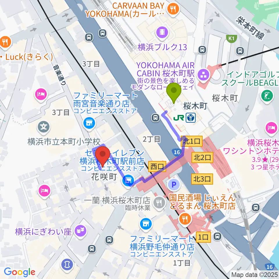 横浜ジャムセカンドの最寄駅桜木町駅からの徒歩ルート（約3分）地図