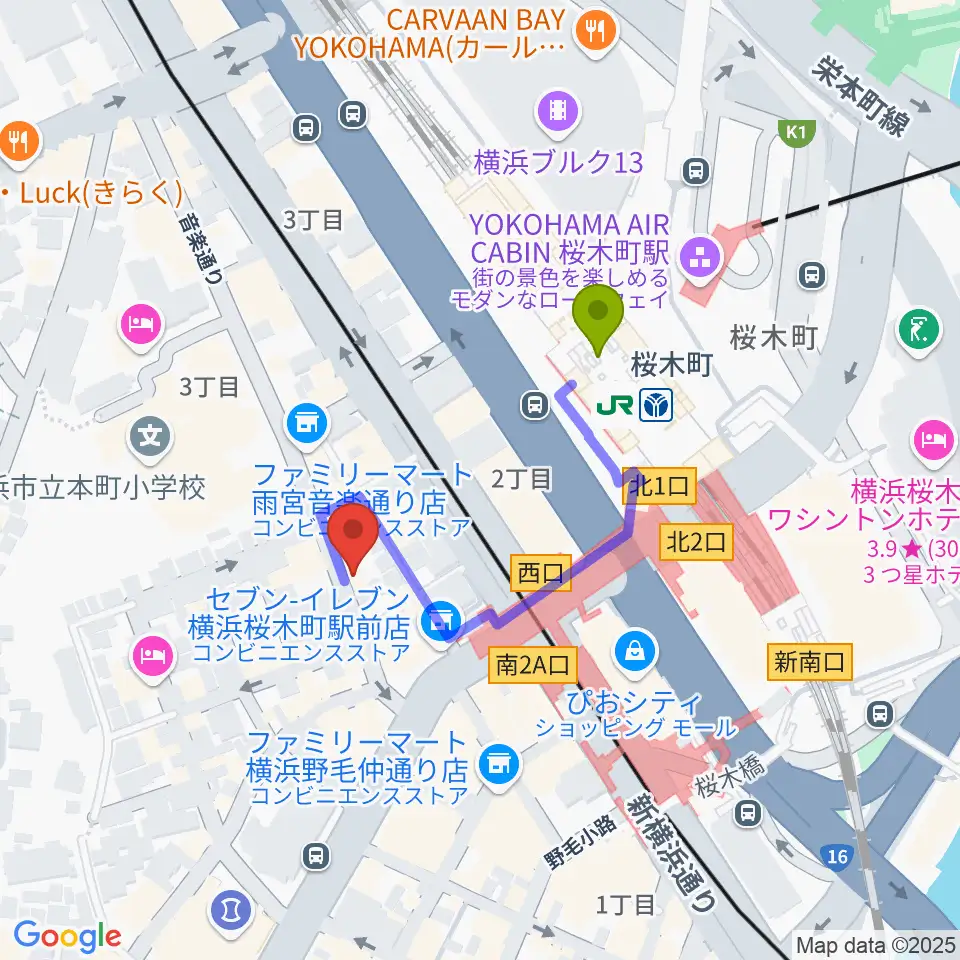 横浜ジャムセカンドの最寄駅桜木町駅からの徒歩ルート（約3分）地図