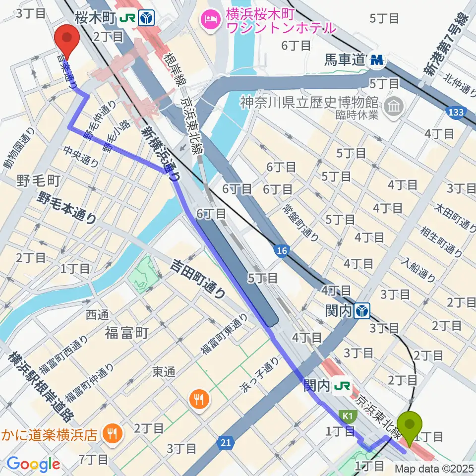 関内駅から横浜ジャムセカンドへのルートマップ地図