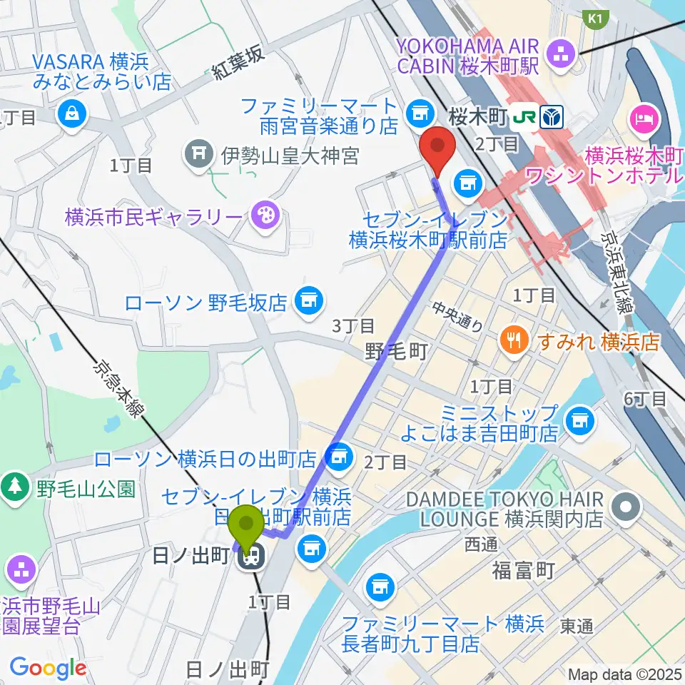 日ノ出町駅から横浜ジャムセカンドへのルートマップ地図