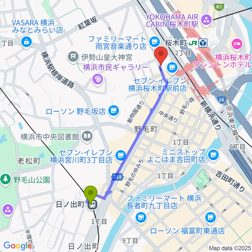 日ノ出町駅から横浜ジャムセカンドへのルートマップ地図
