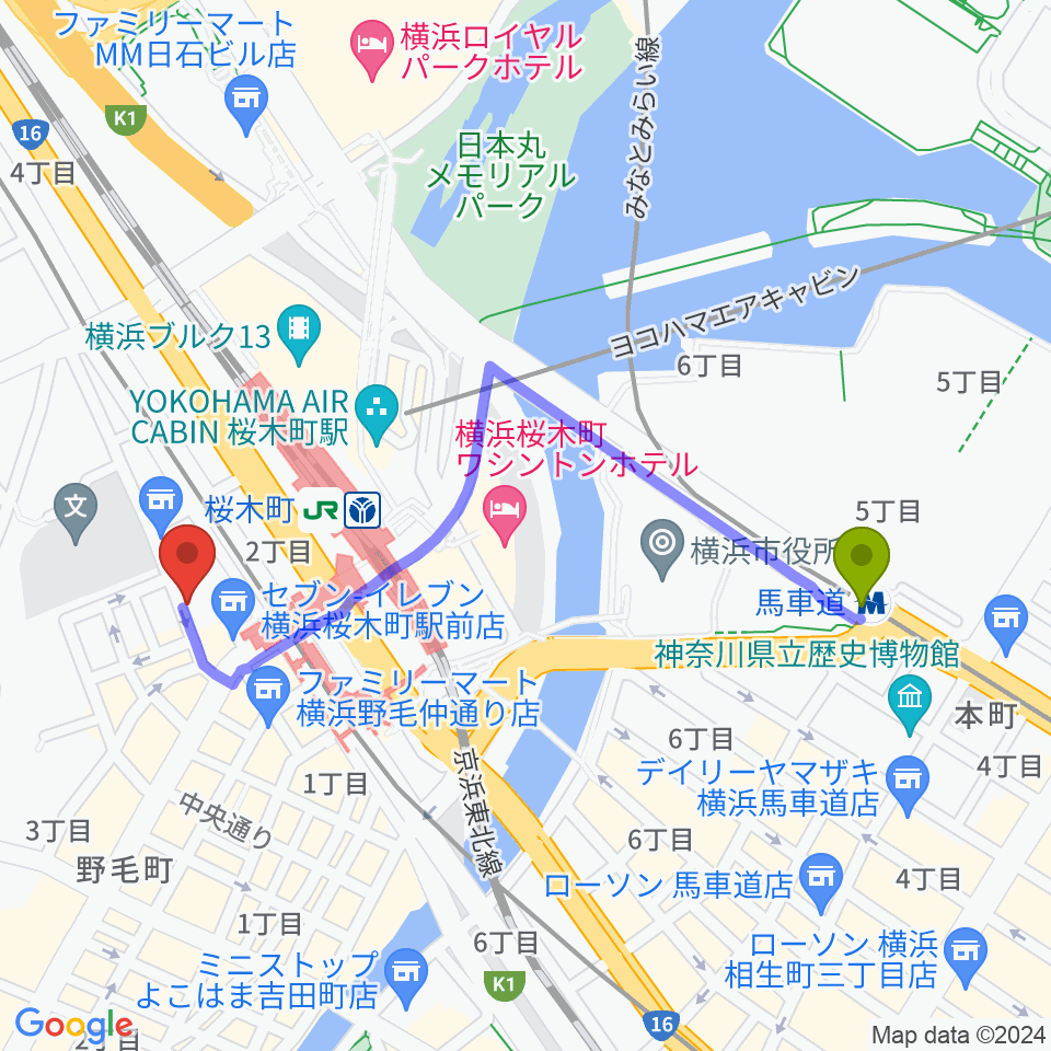 馬車道駅から横浜ジャムセカンドへのルートマップ地図