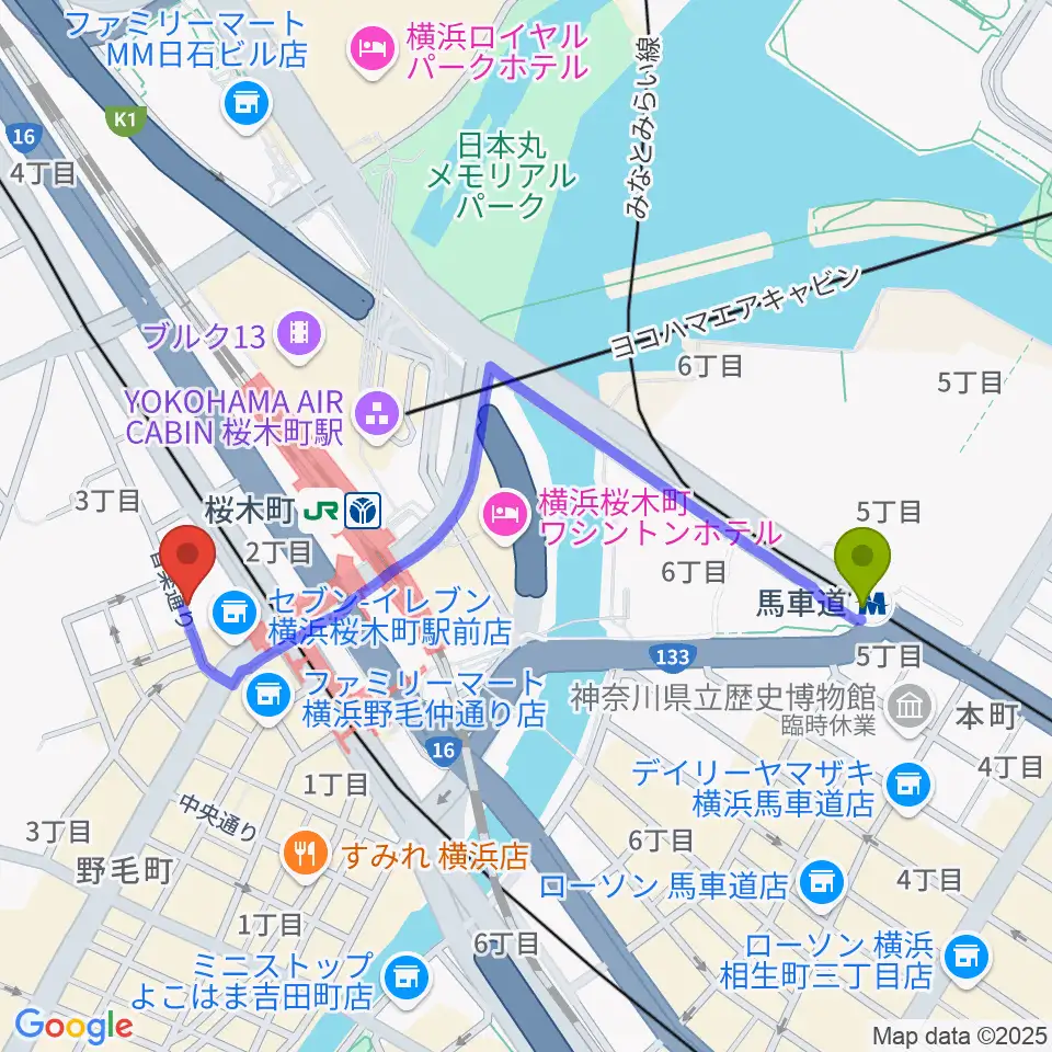 馬車道駅から横浜ジャムセカンドへのルートマップ地図