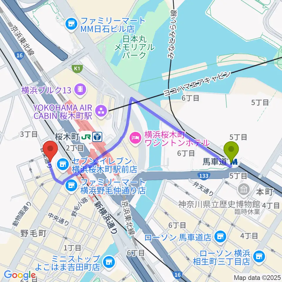 馬車道駅から横浜ジャムセカンドへのルートマップ地図
