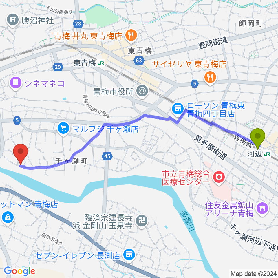 河辺駅から邦声堂へのルートマップ地図