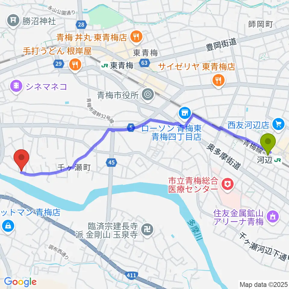 河辺駅から邦声堂へのルートマップ地図