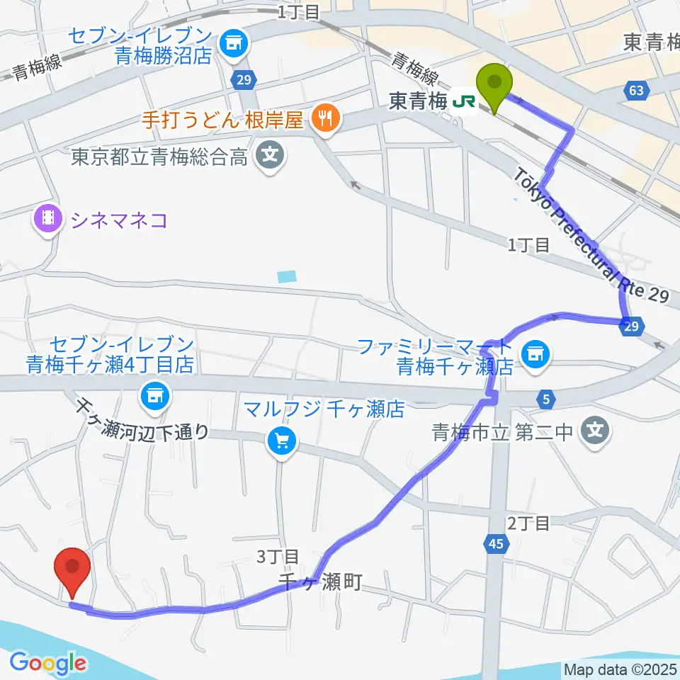 邦声堂の最寄駅東青梅駅からの徒歩ルート（約15分）地図