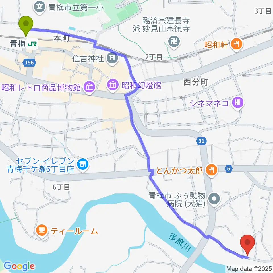 青梅駅から邦声堂へのルートマップ地図