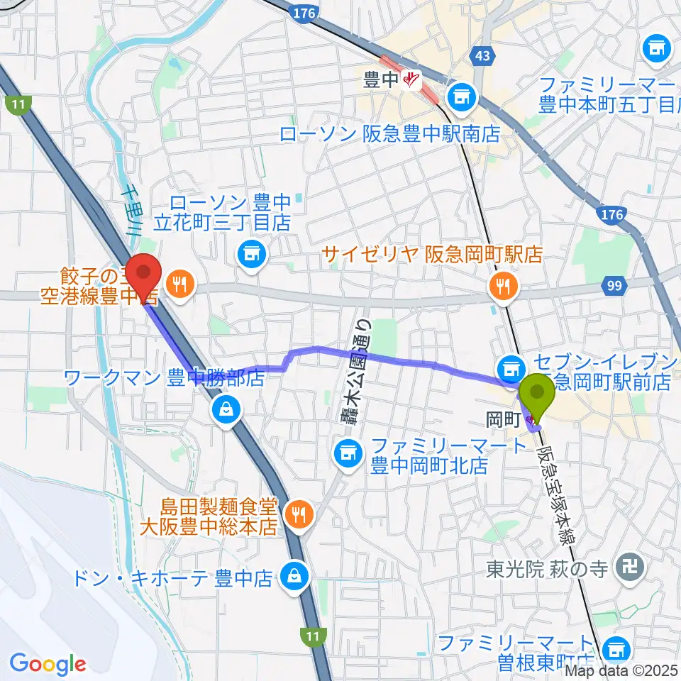 岡町駅からギター工房トーンガレージへのルートマップ地図