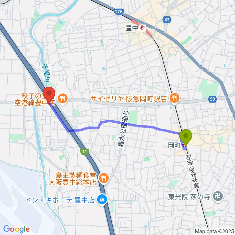 岡町駅からギター工房トーンガレージへのルートマップ地図