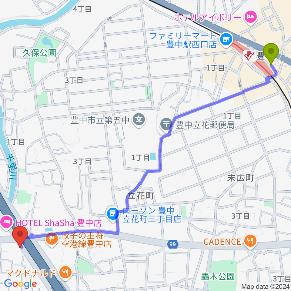 ギター工房トーンガレージの最寄駅豊中駅からの徒歩ルート（約17分）地図