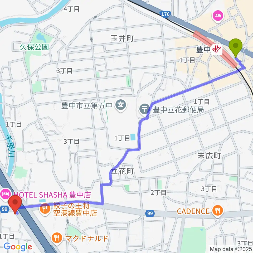 ギター工房トーンガレージの最寄駅豊中駅からの徒歩ルート（約17分）地図