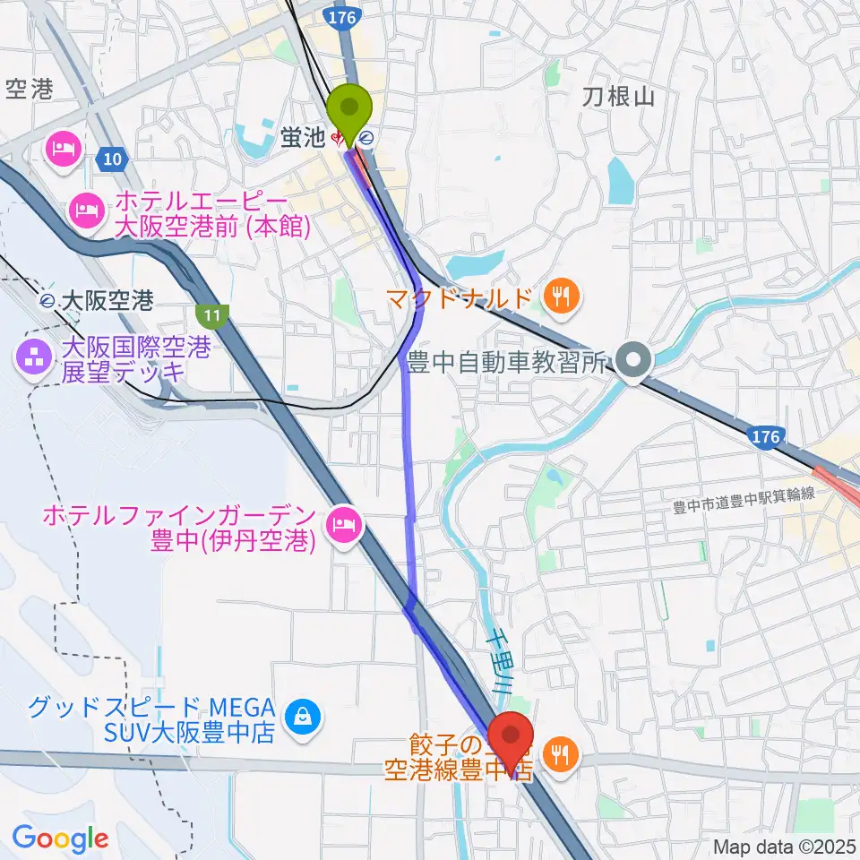 蛍池駅からギター工房トーンガレージへのルートマップ地図