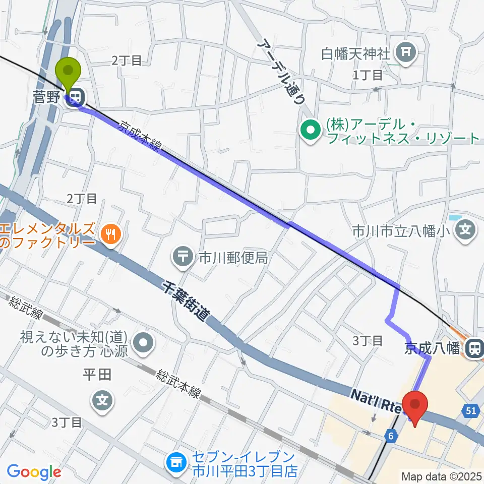 菅野駅から島村楽器 ミュージックサロン本八幡へのルートマップ地図